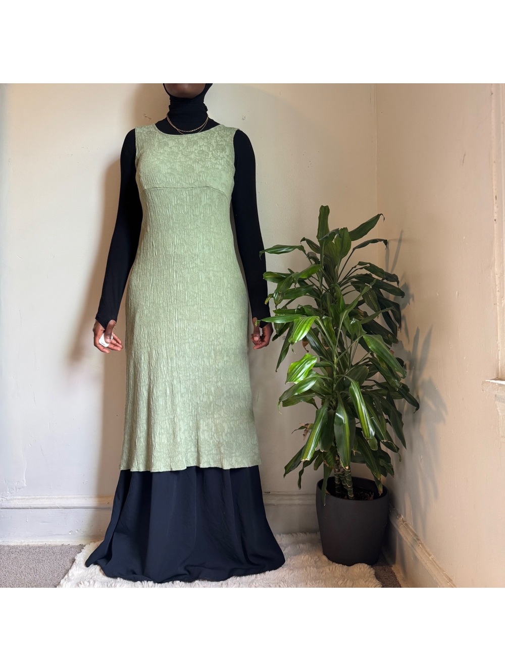 90s K Studio Sage Green Crinkle Plissé Midi Tank Dress Whimsigoth Fairycore M-L